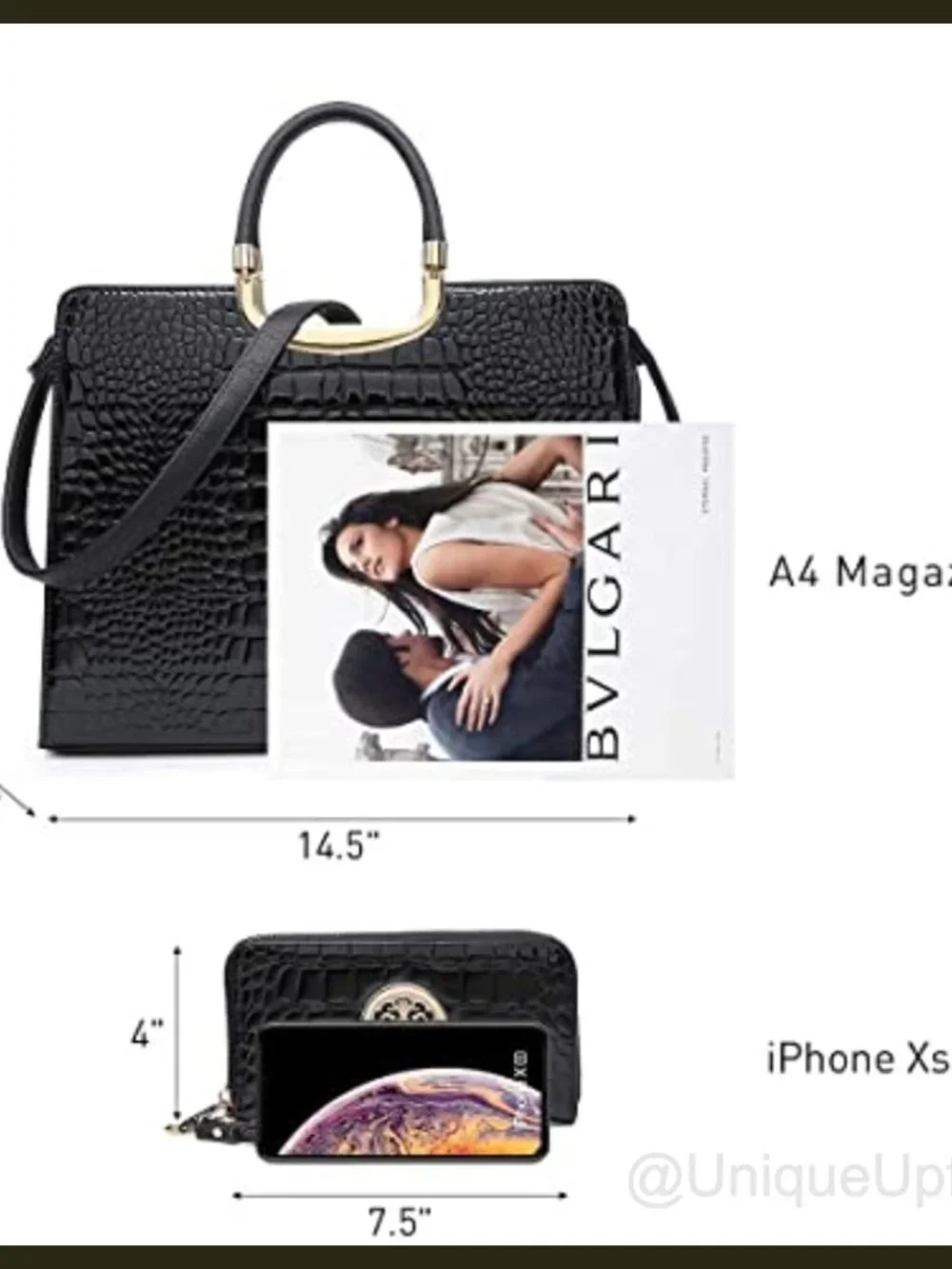 Vegan PU Croco Textured Satchel Handbag with Matching Wallet Work Tote